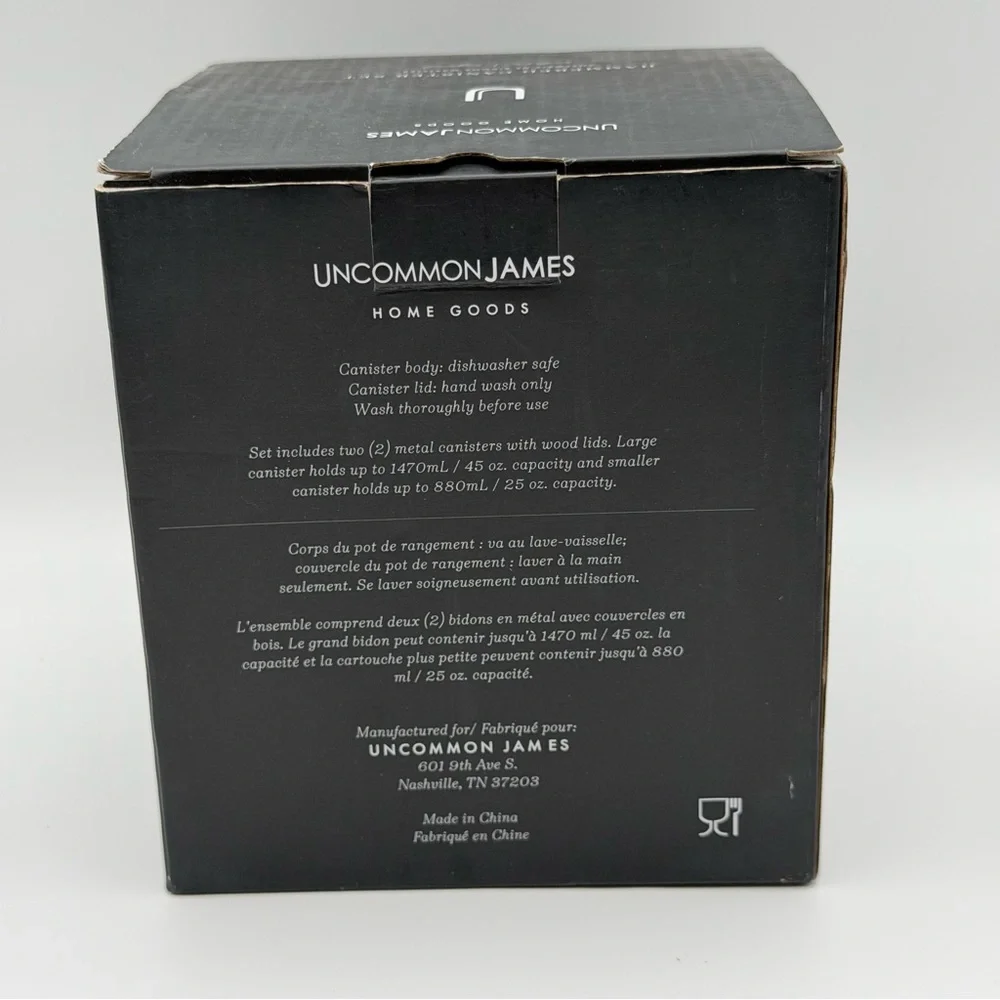 2 Piece Uncommon James Silver Hammered Canister Set w/Wood Lids 45oz & 25oz NEW